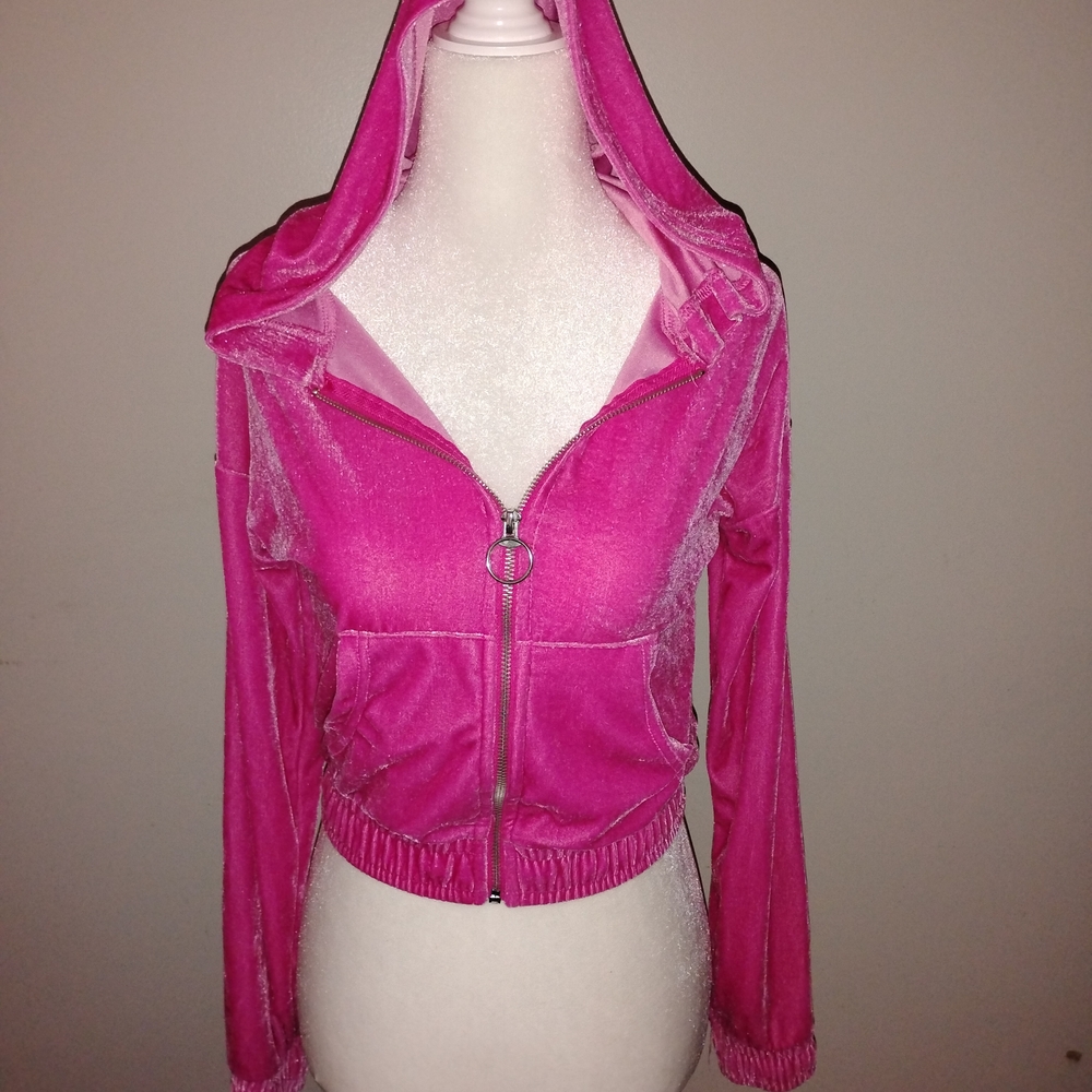 Cropped Hot Pink Velour Bomber Hoodie